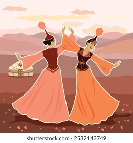 Vector illustration. Two beautiful young women dancing in Kazakh national costume on a background of ornaments and traditional Kazakh symbols. A postcard for Nauryz or Mother's Day