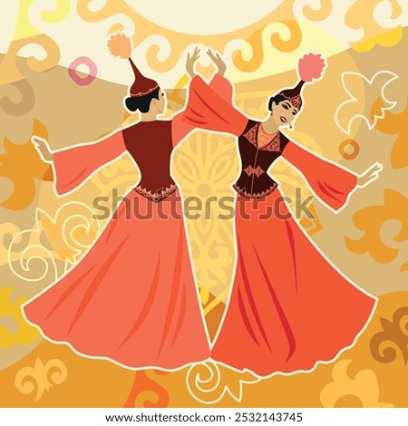 Vector illustration. Two beautiful young women dancing in Kazakh national costume on a background of ornaments and traditional Kazakh symbols. A postcard for Nauryz or Mother's Day