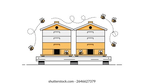 Vector Illustration of Two Beehives with Bees Flying Around Them in a Garden