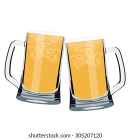 Vector illustration of two beer mug full of light beer cheers. Beer glasses clink. Toasting with beer