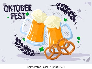 Vector illustration of two beer mugs with classic German pretzels, Oktoberfest, beer festival in Germany