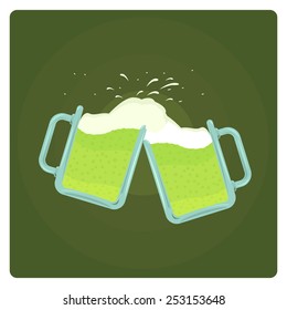 Ilustración vectorial de dos tazas de cerveza salpicando sobre fondo verde, Día de San Patricio? 