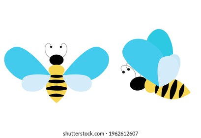 Vector illustration of two bees in different positions of the wings. Isolated