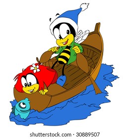 Vector illustration of two bees and  a fish.