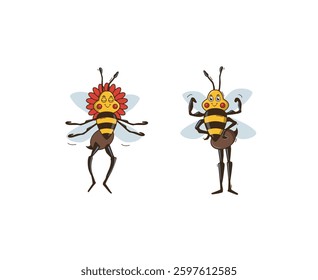 Vector illustration of two bees, one male and one female. Fun, playful, expressive, and childish design. Cartoon style drawing. 