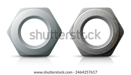 Vector illustration of two big metallic nuts with rust texture and shadows, isolated on white background