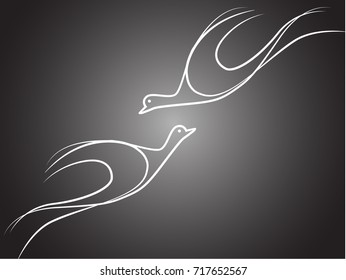 Vector illustration of two bird symbols flying. White outlines on black background