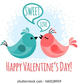 Vector illustration with two birds in flat style. Text Happy Valentines day