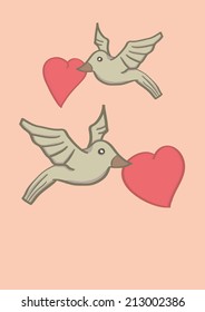 Vector illustration of two birds flying in the air and holding red heart shape with their beaks
