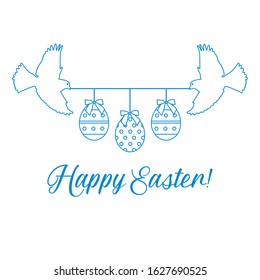 Vector illustration Two birds hold rope with decorated Easter eggs with bows,inscription Happy Easter on white background. Festive background. Surprise Design for banner, poster or print