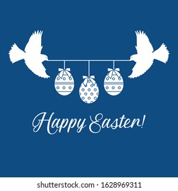Vector illustration Two birds hold rope with decorated Easter eggs with bows,inscription Happy Easter on color background. Festive background. Surprise Design for banner, poster or print
