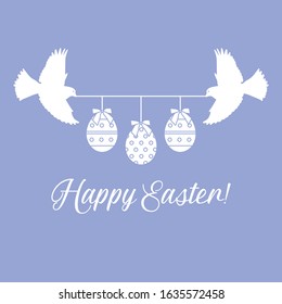 Vector illustration Two birds hold rope with decorated Easter eggs with bows,inscription Happy Easter on color background. Festive background. Surprise Design for banner, poster or print