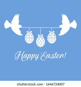 Vector illustration Two birds hold rope with decorated Easter eggs with bows,inscription Happy Easter on color background. Festive background. Surprise Design for banner, poster or print