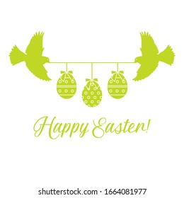 Ilustración vectorial Dos pájaros sostienen cuerda con huevos decorados de Pascua con arcos, inscripción Feliz Pascua con fondo blanco. Antecedentes festivos. Diseño sorpresa para banner, afiche o impresión