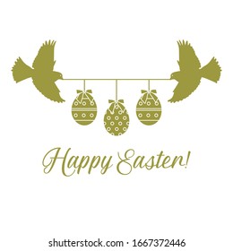 Vector illustration Two birds hold rope with decorated Easter eggs with bows,inscription Happy Easter on white background. Festive background. Surprise Design for banner, poster or print