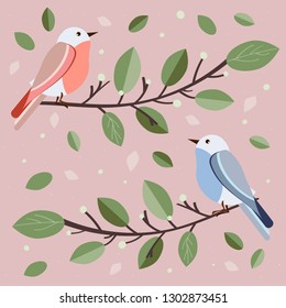 vector illustration of two birds on a branch in spring on a pink background