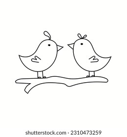 Vector illustration of two birds on a branch, friendship, in doodle style. Isolated on a white background