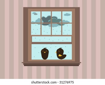 Vector illustration of two birds on window on rainy day