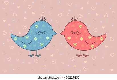 Vector illustration of two birds on pink background with hearts