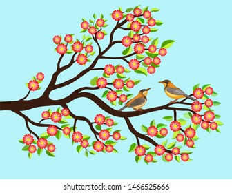 Vector illustration, two birds sit on a flowering branch 