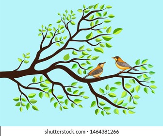 Vector illustration, two birds are sitting on a branch with green leaves.