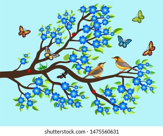 Vector illustration, two birds are sitting on a flowering branch, insects are around