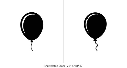 Vector illustration of two black balloons icons with strings. Party celebration concept. Isolated on transparent background, easy to use for any design.