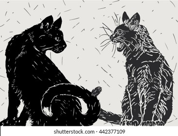 Vector illustration of two black cats communicating, isolated over light gray colored background with thin dark lines. 