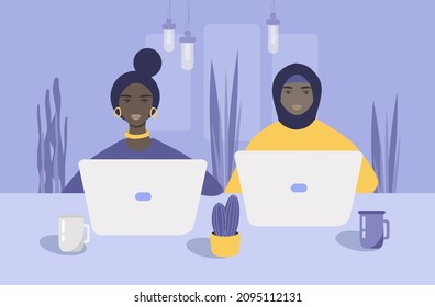 vector illustration - two black girls, one of whom is wearing a hijab, work in the office with laptops. trend illustration in flat style