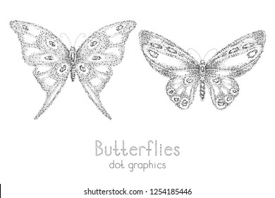 Vector illustration with two black hand drawn butterflies on a white background. Dot graphics. Dotted contour.