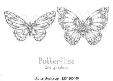 Vector illustration with two black hand drawn butterflies on a white background. Dot graphics. Dotted contour.