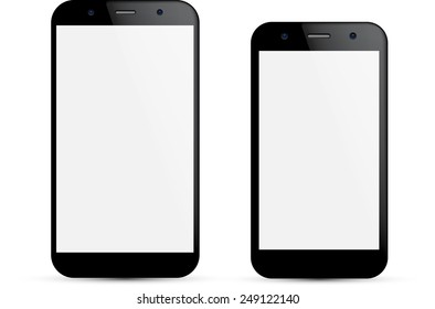 Vector illustration of two black modern realistic smartphones with empty white screen. Eps10.