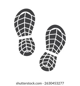 Vector illustration of two black shoe print icons with detailed tread patterns, symbolizing footprints, marking pathways, walking, or adventure concepts on a white background.