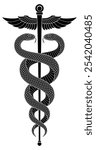 Vector illustration of two black snakes intertwined around winged staff in shape of Caduceus sign. Isolated tattoo design of serpents and wand with two winglets joined as symbol of commerce, medicine.