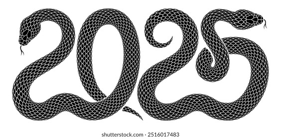 Ilustração vetorial de duas cobras pretas entrelaçadas na forma do número 2025. Design de silhueta de serpente isolada combinado como símbolo numérico para a celebração do Ano Novo Chinês de 2025 com signo zodíaco de cobra.