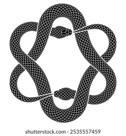 Vector illustration of two black snakes biting their tails intertwined in the shape of a hexagram sign. Ouroboros symbol silhouette. Isolated serpent tattoo design.