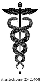 Ilustração vetorial de duas cobras pretas entrelaçadas em torno de bastões alados em forma de sinal de Caduceus. Design de tatuagem isolada de serpentes e varinha com duas winglets unidas como símbolo do comércio, medicina.