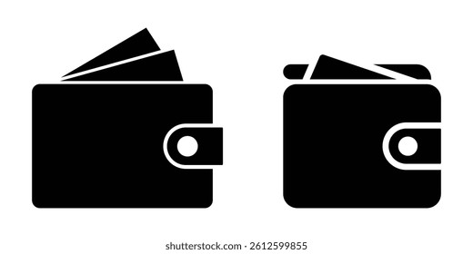 Vector illustration of two black wallet icons . Flat, minimalist style. Ideal for finance, banking, payment apps, and digital business use on web or mobile platforms. Icons, vector, symbols.