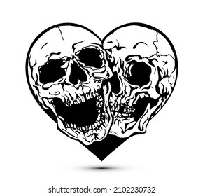 Vector illustration of two black and white skulls inside a heart in the style of tattoo designs