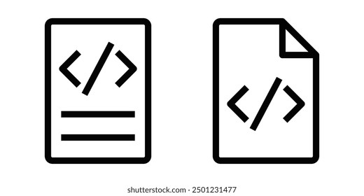 Vector illustration of two black and white code document icons with HTML brackets in a minimalist style. Editable stroke.