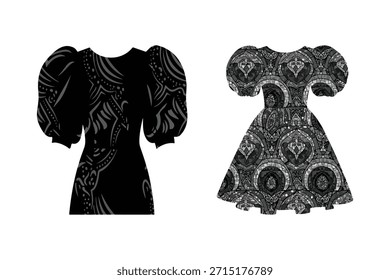 Ilustración vectorial de dos vestidos en blanco y negro con mangas abullonadas y estampados ornamentales abstractos ideales para el diseño de moda y textil.