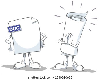 Vector illustration of two blank paper sheet characters, isolated on white background.
