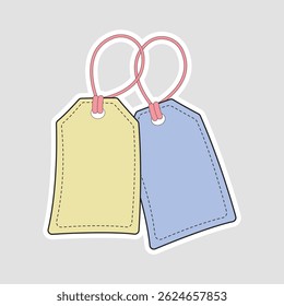 Vector Illustration of Two Blank Tags with Pink Strings. Vector illustration sticker featuring two blank tags, one yellow and one blue, with pink strings, ideal for labeling or decoration purposes