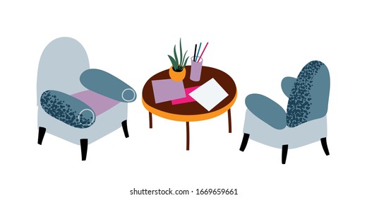 Vector illustration of two blue armchairs and coffee table with plant and paper isolated on white background. Living room or office interior in bright colors including furniture and home accessories. 