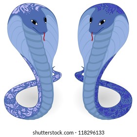 vector illustration of two blue cobras with floral pattern