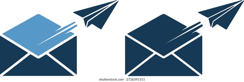 Ilustración vectorial de dos sobres azules con aviones de papel volando fuera de ellos, un sobre tiene una parte superior azul claro, sobre un fondo blanco puro