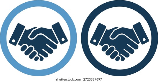 Ilustración vectorial de dos iconos azules del apretón de manos en Formas del círculo uno al lado del otro sobre un fondo blanco puro, en tonos azules claros y oscuros, que simbolizan la sociedad