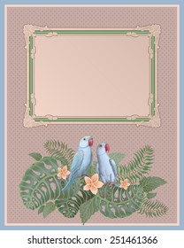 Vector illustration of two blue Indian ring-neck parrot, tropical foliage and flowers, vintage frame on beige dotted  background