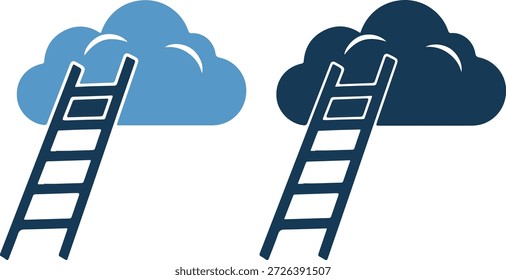 Ilustración vectorial de dos escaleras azules que conducen a las nubes, una nube es azul claro y la otra es azul oscuro, sobre un fondo blanco puro