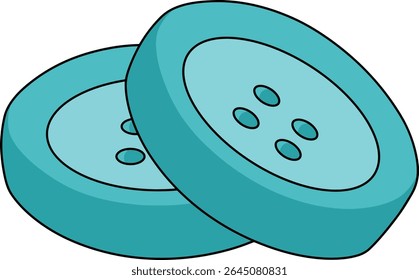 Ilustración vectorial de dos Botones de costura azules en un estilo de dibujos animados planos. Los Botones se superponen y se representan en un diseño limpio y simple con contornos audaces y sombreado suave.